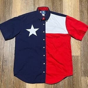 Vtg Texas Cotton State Flag Button Up Long Tail Shirt M USA Western Cowboy Rodeo